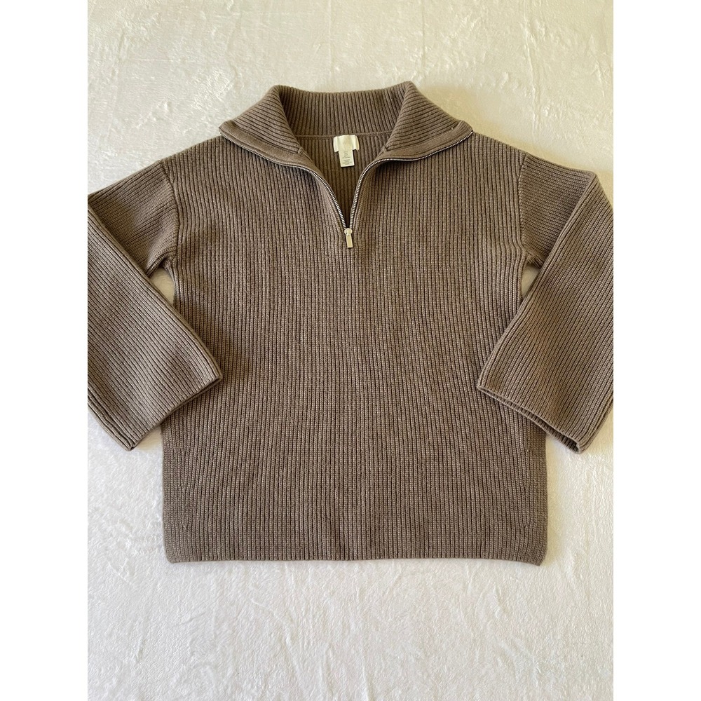 H&M Womens Small Taupe Brown Ribbed Quarter Zip Pullover Sweater Relaxed Fit